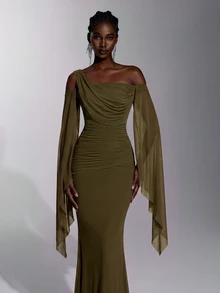 Elitara Elegant Classical Elastic Asymmetrical Shoulder Draped Neckline Ruched Waist Bodycon Long Dress, Suitable For Festivals, Celebrations, Weddings, Balls, Concerts, Business Guest Banquets, Internet Celebrity Events, Women's Formal Evening Gown - Army Green - View 7