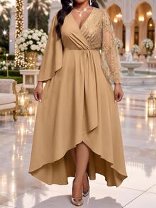 Fleurora Plus Size Women's Embroidered Mesh Flare Sleeve Elegant High-Low Hem Dress - Khaki - View 4