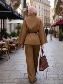 Celisse طقم نسائي من قطعتين: جاكيت بياقة واقفة من مزيج الصوف & بنطلون واسع الساق - كاكي - مشاهدة 2