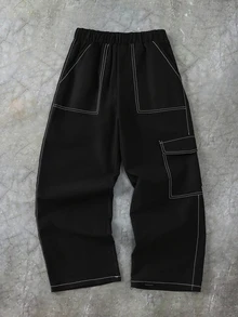 SHEIN 兒童青少年男孩休閒日常百搭舒適工裝直筒寬鬆長褲，黑色工裝褲，適合外出、約會、上學，春、夏、秋、冬四季皆宜 - 黑色 - 查看 2