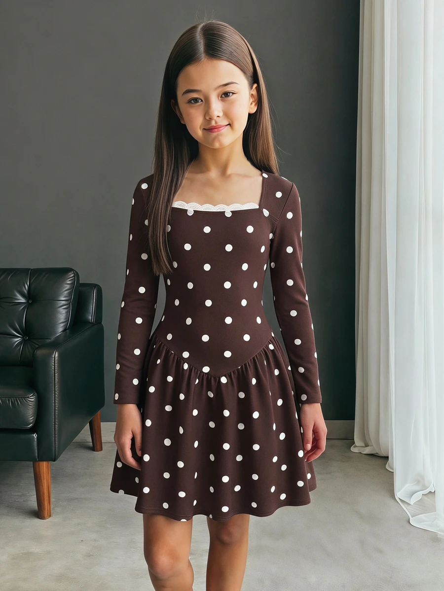 SHEIN Tween女孩秋冬休閒法式優雅棕色與白色波點印花方領對比蕾絲長袖洋裝,適合返校、日常穿著、假期穿搭、秋冬疊穿 - 棕色 - 查看 1