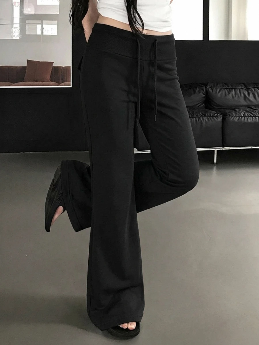 DAZY Women's Solid Color Drawstring Waist Casual Flare Leggings - Black - View 1