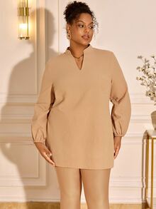 BrightlyHer Plus Size Women's Notched V-Neck Side Slit Hem Blouse And Leggings Solid Color 2 Pieces Set - Khaki - View 5