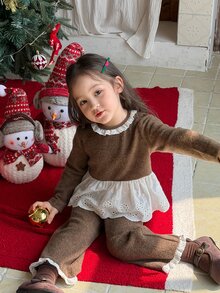 DAZY Infant (Girl) Round Neck Lace Ruffle Trim Long Sleeve Patchwork T-Shirt And Long Pants 2 Pieces Set - Pink - View 6