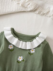 Cozy Pixies Baby Girl Knitted Colorblock Ruffle Hem Cute Floral Pattern Sweater Dress Autumn - Multicolor - View 3