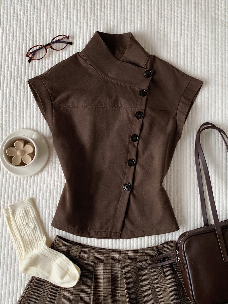 Comfortcana Women's Fashion Versatile Asymmetrical Button Trench Coat Jacket Street Style Elegant Teachers' Day Office Brown Autumn - Brown - View 1