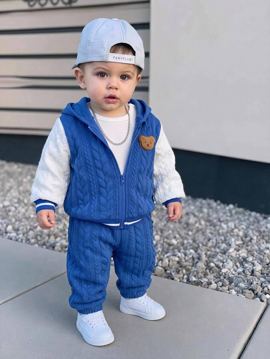 LMoss Kids Baby Boy Knit Colorblock Hooded Casual Jacket And Long Pants 2 Pieces Set - Blue and White - View 1