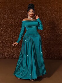 Maweii Plus Size Women's Elegant Party Elegant Rhinestone Round Neck Long Sleeve Slim Fit Flattering Solid Color Dress - Green - View 2