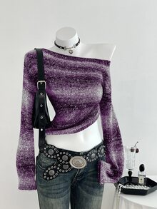 Elamini 女款黑色秋冬獨特不對稱肩拼接拼色條紋亮片針織毛衣，收腰喇叭袖，1件裝 - 紫色 - 查看 1