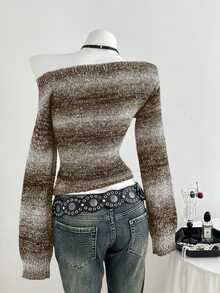 Elamini 女款黑色秋冬獨特不對稱肩領對比條紋亮片針織毛衣，收腰喇叭袖，1件裝 - 咖啡棕 - 查看 2