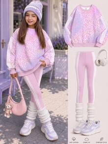 Shiny Rainbow Leopard Print, Tween Girl Casual Comfortable Soft Loose Pullover Sweatshirt & Loose Pants 2 Pieces Set, Suitable For Autumn Daily, Chic, Sports, Campus, Music Festival, Homecoming, Girly Style, Chill - White - View 1