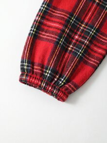 SHEIN Gaun Bayi Perempuan Motif Kotak-kotak Dua Warna dengan Hiasan Pita di Pinggang dan Lengan Bergelombang, Cocok untuk Natal - Merah - View 4