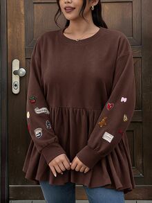 CosyJoli Plus Size Embroidered Fashion Ruffle Hem Crew Neck Sweatshirt Casual Cute Kawaii Back To School Sweatshirt For Women Autumn Daily Going Out Formal Party - Brown - View 8