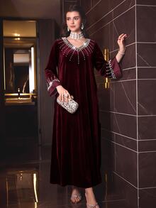 Al Najma Women's Autumn Winter VNeck Beaded Burgundy Velvet Elegant Dress Velvet Burgundy Vintage Fall/Winter Christmas New Year - Burgundy - View 6