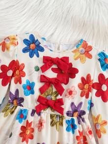 Tween Girl Floral Pattern Bow Decor Round Neck Long Sleeve Cute Dress - Red - View 7