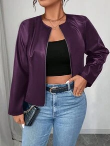 SHEIN PETITE CURVE 大尺碼女款經典百搭PU夾克，小個子系列秋冬女裝 - 紫色 - 查看 4