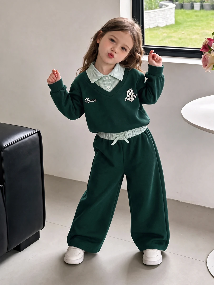SHEIN Elladie kids 女童長袖T恤套裝,秋季新款,秋季、假期、返校季,海軍藍學院風對比色海豹蝴蝶結翻領運動衫 - 墨綠色 - 查看 1