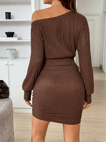 SHEIN 孕婦純色不對稱單肩休閒日常穿著夏季洋裝 秋冬休閒款 - 咖啡 - 查看 6