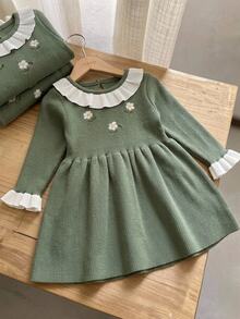 Cozy Pixies Baby Girl Knitted Colorblock Ruffle Hem Cute Floral Pattern Sweater Dress Autumn - Multicolor - View 2