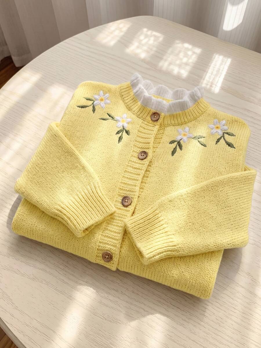 SHEIN 女童針織刺繡拼色立領休閒秋季開襟衫 - 黃色 - 查看 1