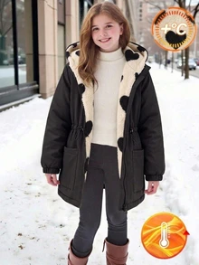 SHEIN 少女休閒愛心印花保暖內裡連帽派克夾克外套，秋冬返校季適用 - 黑色 - 查看 1
