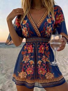 SHEIN Swim 女款花卉印花V領休閒度假罩衫洋裝 - 彩色 - 查看 3