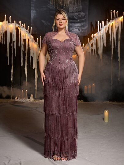 Glamrae Plus Size Elegant Luxurious Lotus Pink Beaded Embroidered Patchwork Multi-Layer Tassel 2 Pieces Shawl Fitted Mermaid Hem Heavy Work Evening Gown Suitable For Wedding, Event, Party, Ball, Vacation, Guest Dress