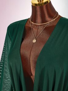 Amplova Romantic Vacation Earthy Tone Low-Cut Draping Collar, Flared Sleeves, Bodycon Mini Dress - Dark Green - View 4