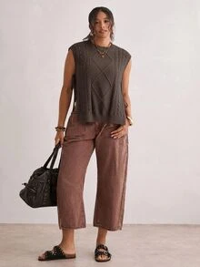 SHEIN VCAY Plus Size Women's Side Tie Waist Casual Daily Wear Knit Vest Winter - Coffee Brown - View 3