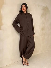 SHEIN Tall طقم نسائي من قطعتين من الكتان الفضفاض بأسلوب صيني جديد، ملابس علوية بأزرار + بنطال فانوس - بني - مشاهدة 6