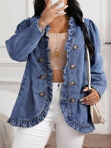SHEIN CURVE+ Plus Size Women's Long Sleeve Double-Breasted Frill Trim Casual Denim Jacket - Blue - View 4