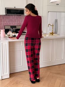 SweetSlumber Women's Casual Home Plaid Long Sleeve Pants Pajama Set - Red - View 2