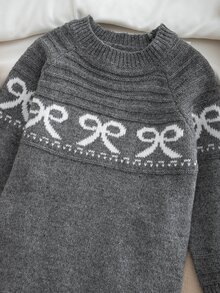 Young Girl Bow Pattern Raglan Long Sleeve Casual Knit Dress - Grey - View 4