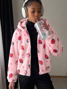 SHEIN Tween Girl Thermal Lined Tween Girl Thick Bow Hooded Zip-Up Jacket Fall/Winter - Pink - View 8