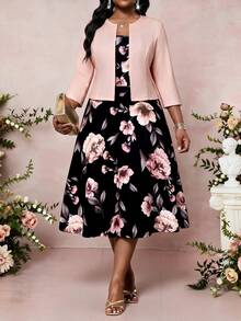 SHEIN Lady CURVE Plus Size Women Floral Print Dress And Solid Color Cardigan Casual Elegant 2 Pieces Set Party Wedding Dusty Pink - Multicolor - View 3
