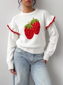SHEIN 少女針織毛衣，純色字母圖案，圓領，寬鬆休閒冬季毛衣，可愛嬰兒仙女毛衣，親子套裝，粉色與紅色草莓，秋季 - 白色 - 查看 7