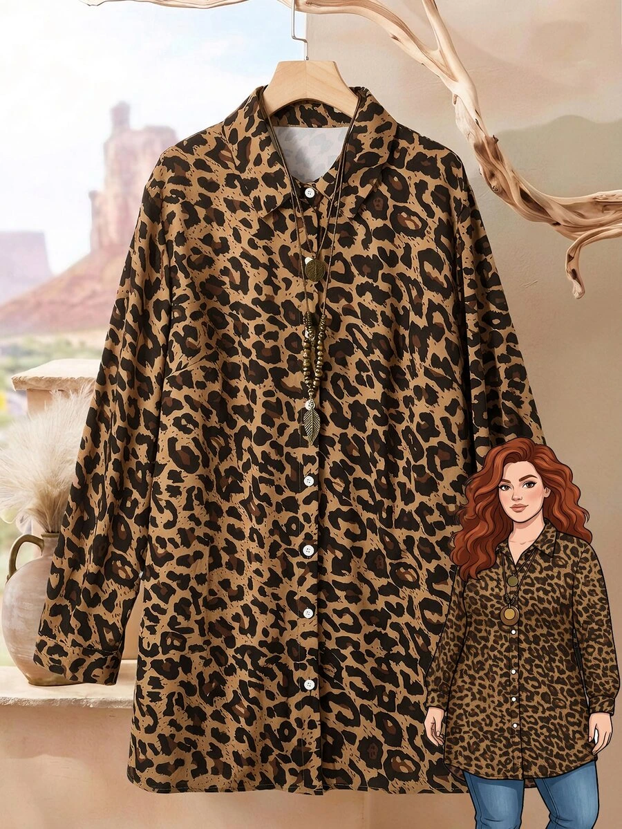 Rusticease Plus Size Women's Leopard Print Long Sleeve Single-Breasted Casual Shirt - Brown - View 1