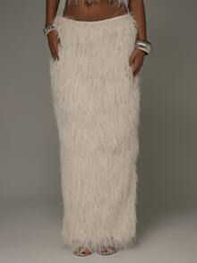 MUSERA White Shaggy Fur Maxi Skirt Fall Autumn Winter Sexy Going Out Instinct Halloween - White - View 2
