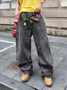 Manfinity EMRG 男士街頭風極簡百搭刺繡梅花設計直筒寬腿牛仔褲 - 灰色 - 查看 5