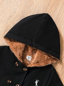 SHEIN Elladie kids 女童冬季外套，海軍藍馬刺繡圖案，保暖內裡，連帽，雙排扣，時尚夾克，適合休閒日常穿著與學院風 - 黑色 - 查看 5
