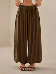 SHEIN PETITE 2026女款春夏度假系列：優雅橄欖綠寬鬆喇叭褲，適合嬌小女性 - 咖啡棕 - 查看 8
