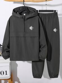 SHEIN 兒童 2 件組青少年男孩新款酷星圖案灰色連帽衫與慢跑褲套裝，適合秋冬、學校、家庭聚會、返校、生日派對、拍照、度假、假日、運動風、舒適 - 灰色 - 查看 2