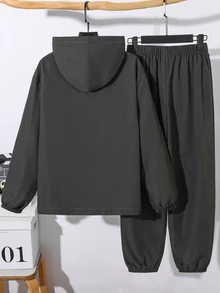SHEIN 兒童 2 件組青少年男孩新款酷星圖案灰色連帽衫與慢跑褲套裝，適合秋冬、學校、家庭聚會、返校、生日派對、拍照、度假、假日、運動風、舒適 - 灰色 - 查看 3