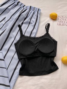 Comfortcana 女款純色對比蕾絲細肩帶上衣與條紋長褲休閒套裝，淺藍與白色條紋夏季居家休閒服 - 黑色 - 查看 2