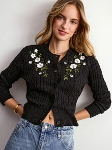 Willow Rêve Women's Floral Embroidered Cable Knit Black Round Neck Long Sleeve Cardigan Sweater - Black - View 1