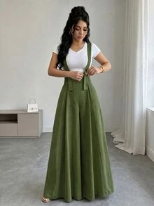 GlowEve Women's Autumn Solid Color Button Design Wide Leg Loose Overalls Jumpsuit - Army Green - View 8