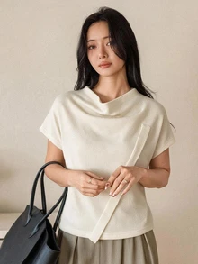 Dazy-Less Women's Korean Style Minimalist Ribbed Draped T-Shirt For Daily Wear - Light Yellow - View 5