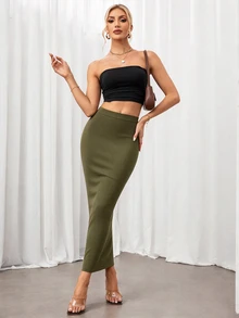 SHEIN Tall 純色鉛筆裙黑色緊身裙，適合高個女性 - 軍綠色 - 查看 5