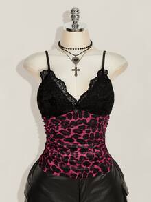 SHEIN ICON 女款大尺碼蕾絲拼接豹紋細肩帶背心 - 彩色 - 查看 4