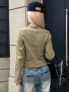 Livesso Women's Long Sleeve Double-Breasted Button Design Casual Denim Jacket - Khaki - View 2